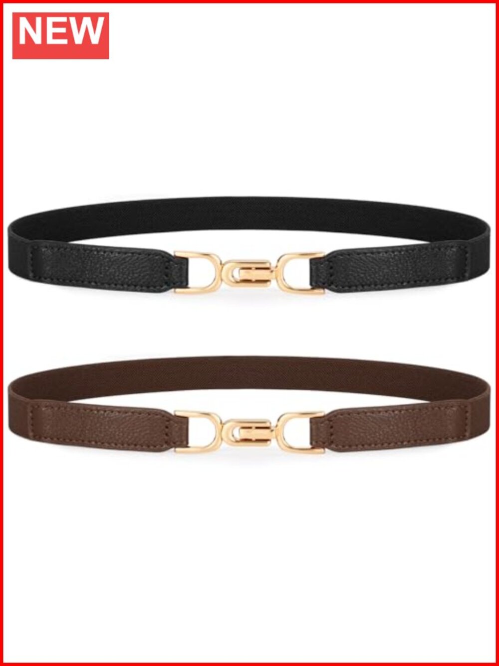 Women's Elastic Thin Belt Set Skinny Stretch Leather Waist Belts Gold Buckle